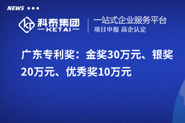 廣東專利獎：金獎30萬元、銀獎20萬元、優(yōu)秀獎10萬元（省級）