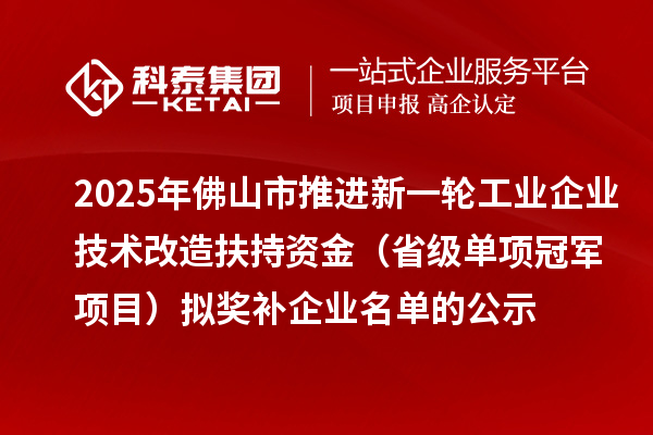 2025年佛山市推進(jìn)新一輪工業(yè)企業(yè)技術(shù)改造扶持資金 （省級單項冠軍項目）擬獎補(bǔ)企業(yè)名單的公示