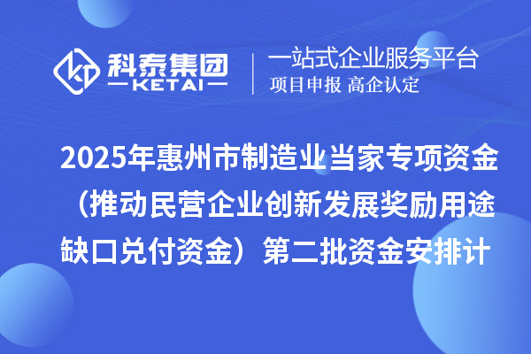 2025年惠州市制造業(yè)當(dāng)家專項(xiàng)資金(推動(dòng)民營企業(yè)創(chuàng)新發(fā)展獎(jiǎng)勵(lì)用途缺口兌付資金)第二批資金安排計(jì)劃的公示